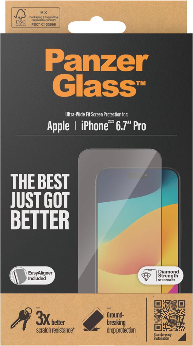 PanzerGlass Screen Protector iPhone 15 Pro Max | Ultra-Wide Fit w. EasyAligner