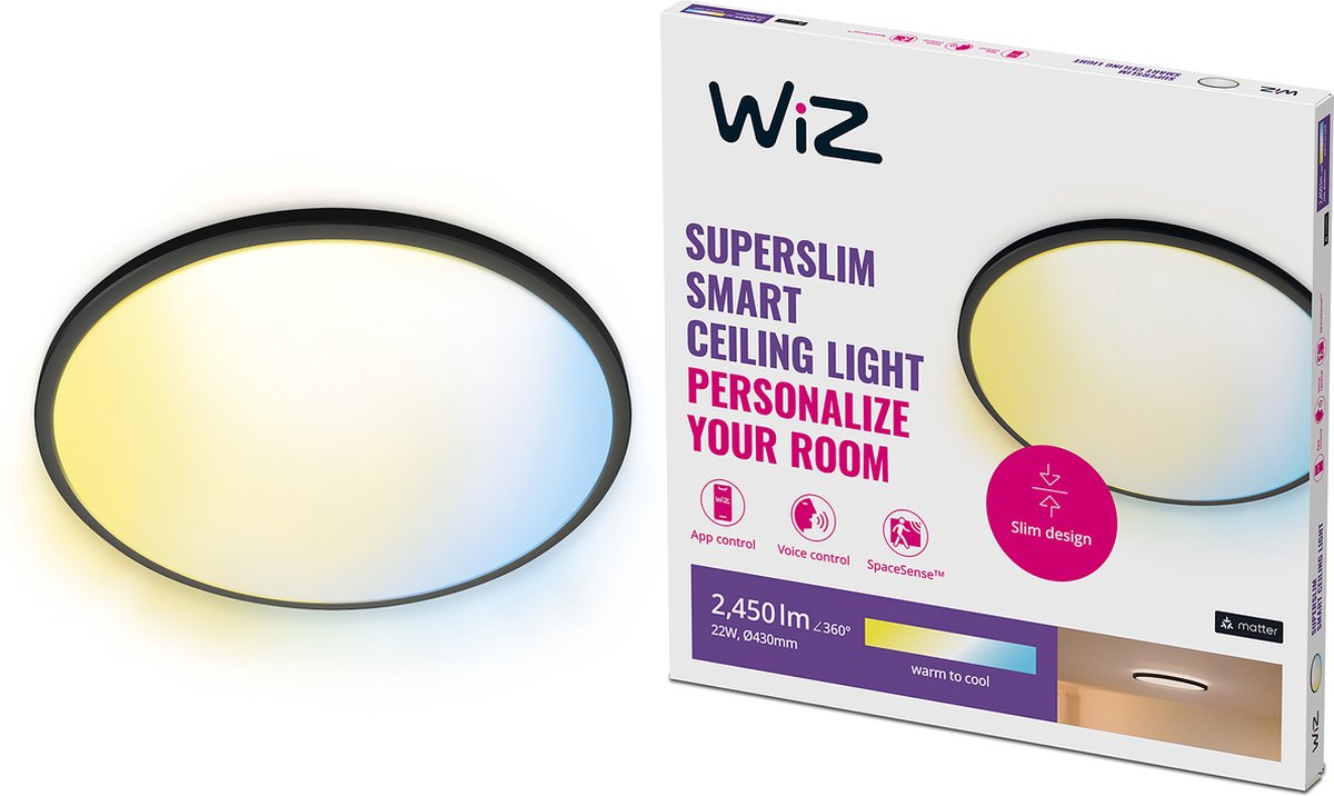 WiZ SuperSlim Smart Loftslampe Sort, 22W, Justerbar hvidt & Dæmpet lys