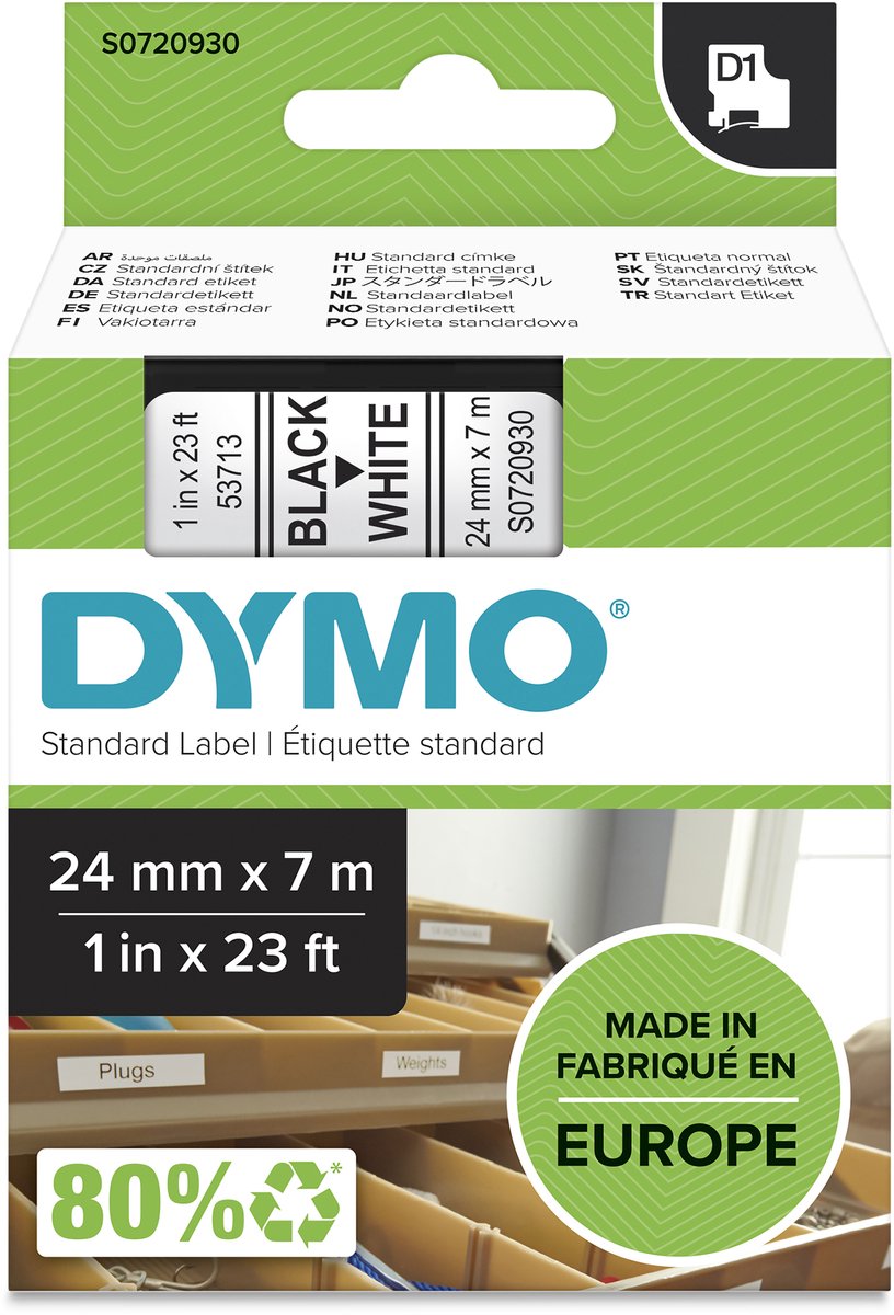 DYMO D1 tape | 24mm x 7m rulle | sort på hvid
