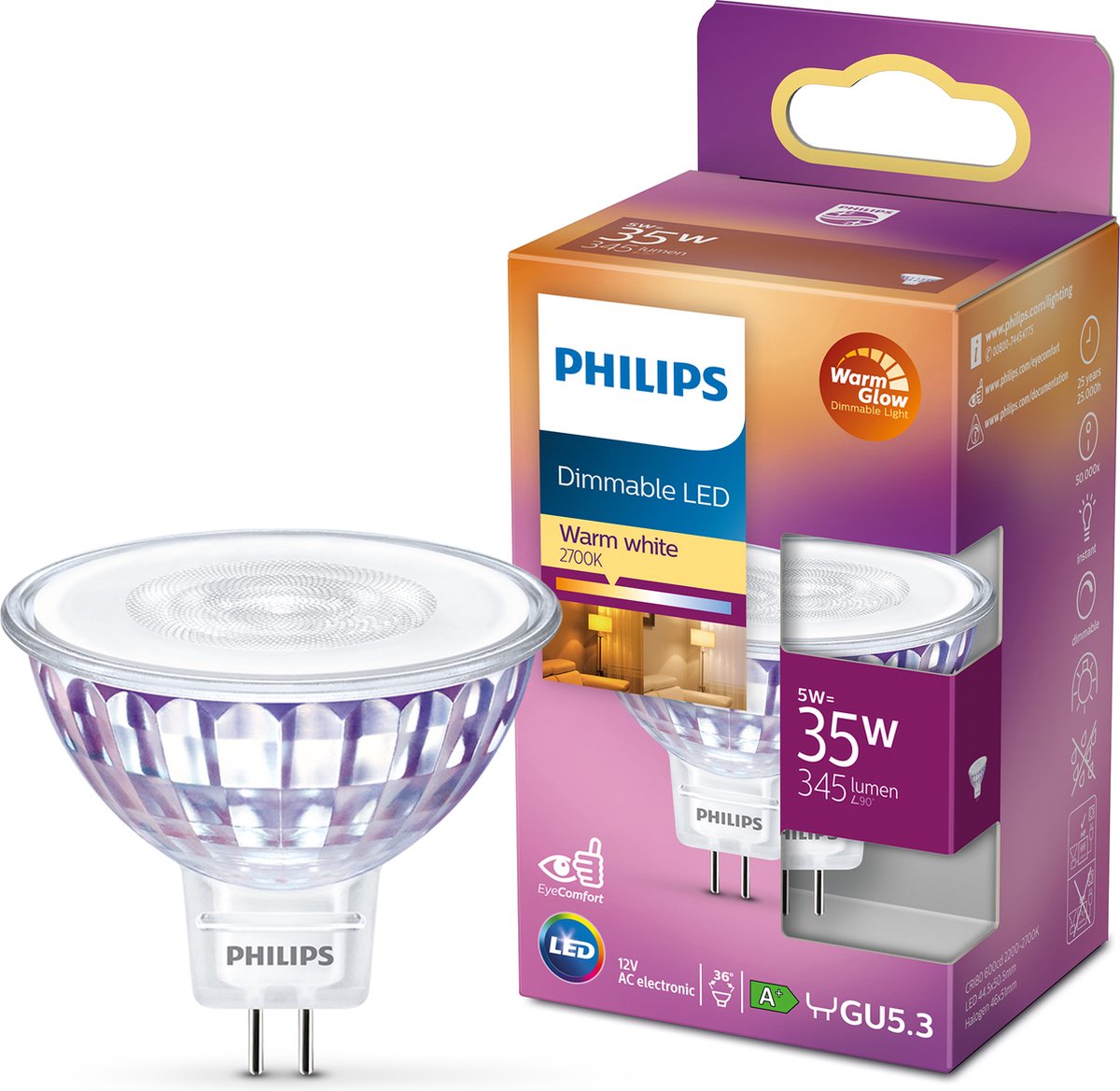 Philips LED pære Spot 5W/822-827 (35W) 12V WarmGlow Dæmpbar GU5.3