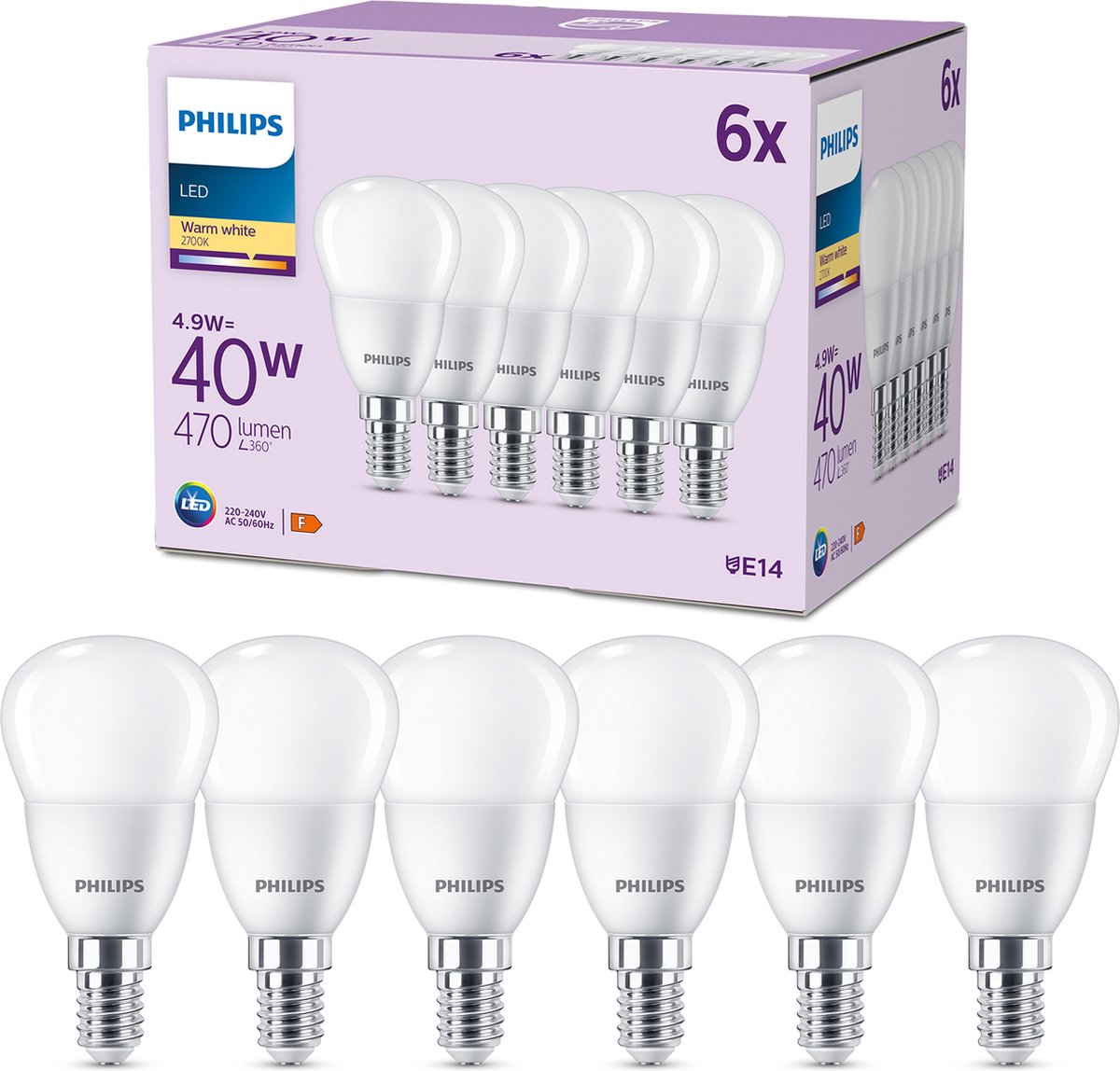 Philips LED pære Krone 4,9W/827 (40W) 6-pak E14