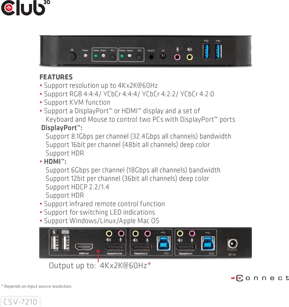 Club 3D CSV-7210 DisplayPort/HDMI KVM Switch for Dual DisplayPort 4K60Hz