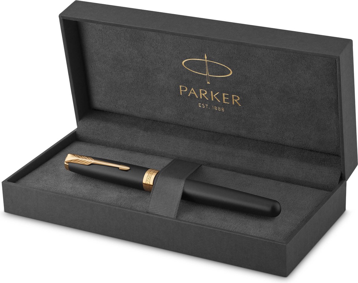 Parker Sonnet-fyldepen | matsort lak med detaljer i guld | fin spids | gaveæske