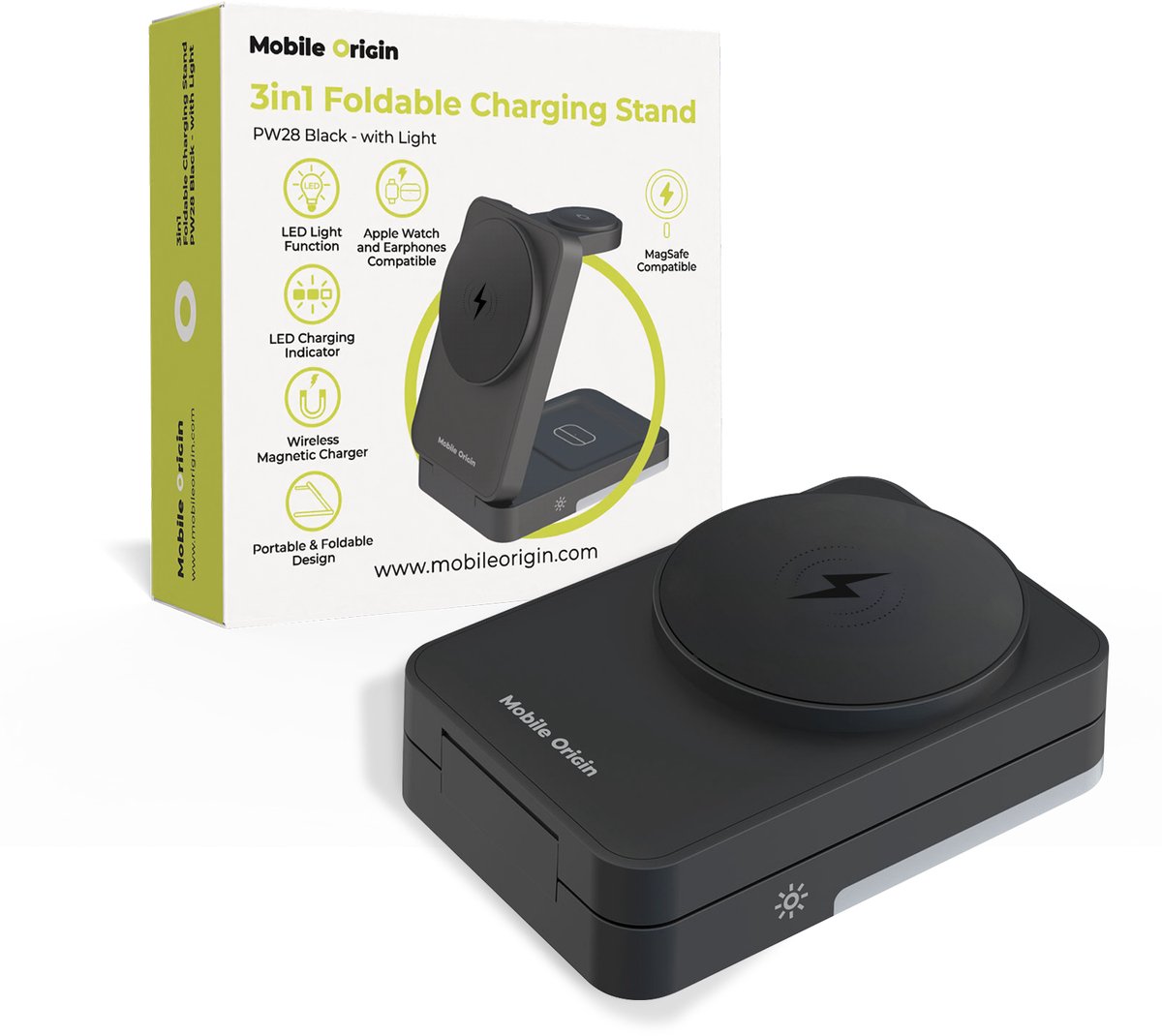 Mobile Origin PW28 3in1 Foldable Charging Stand with light - Black