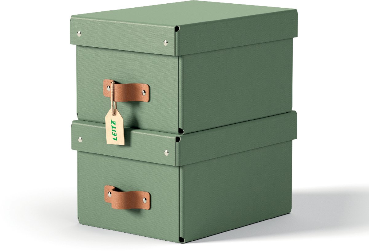 Leitz Puro opbevaringsboks med låg, small, 7 L, 100 % recirkuleret karton, pakke med 2 stk, grøn