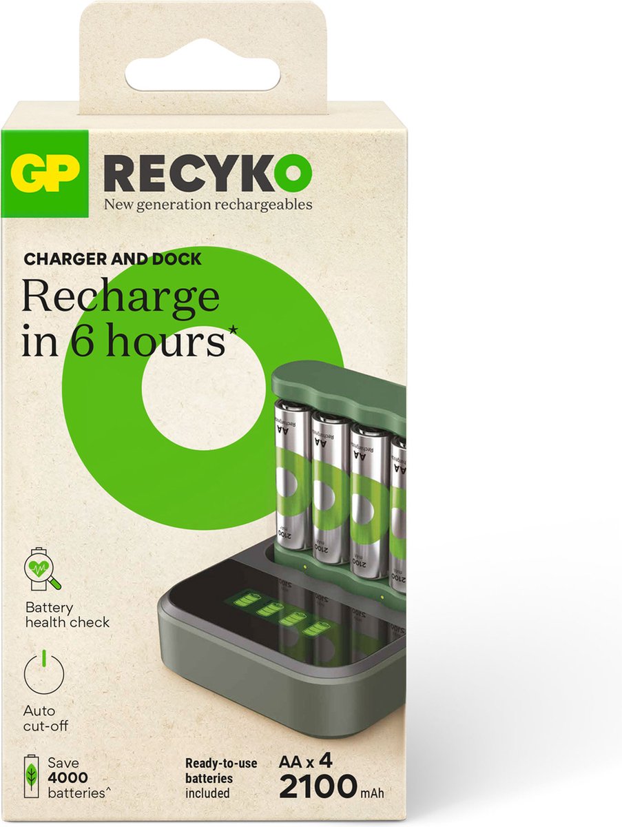 GP ReCyko Everyday-oplader B421 (USB) med ladestation D451, inkl. 4 stk. AA 2100mAh NiMH batterier