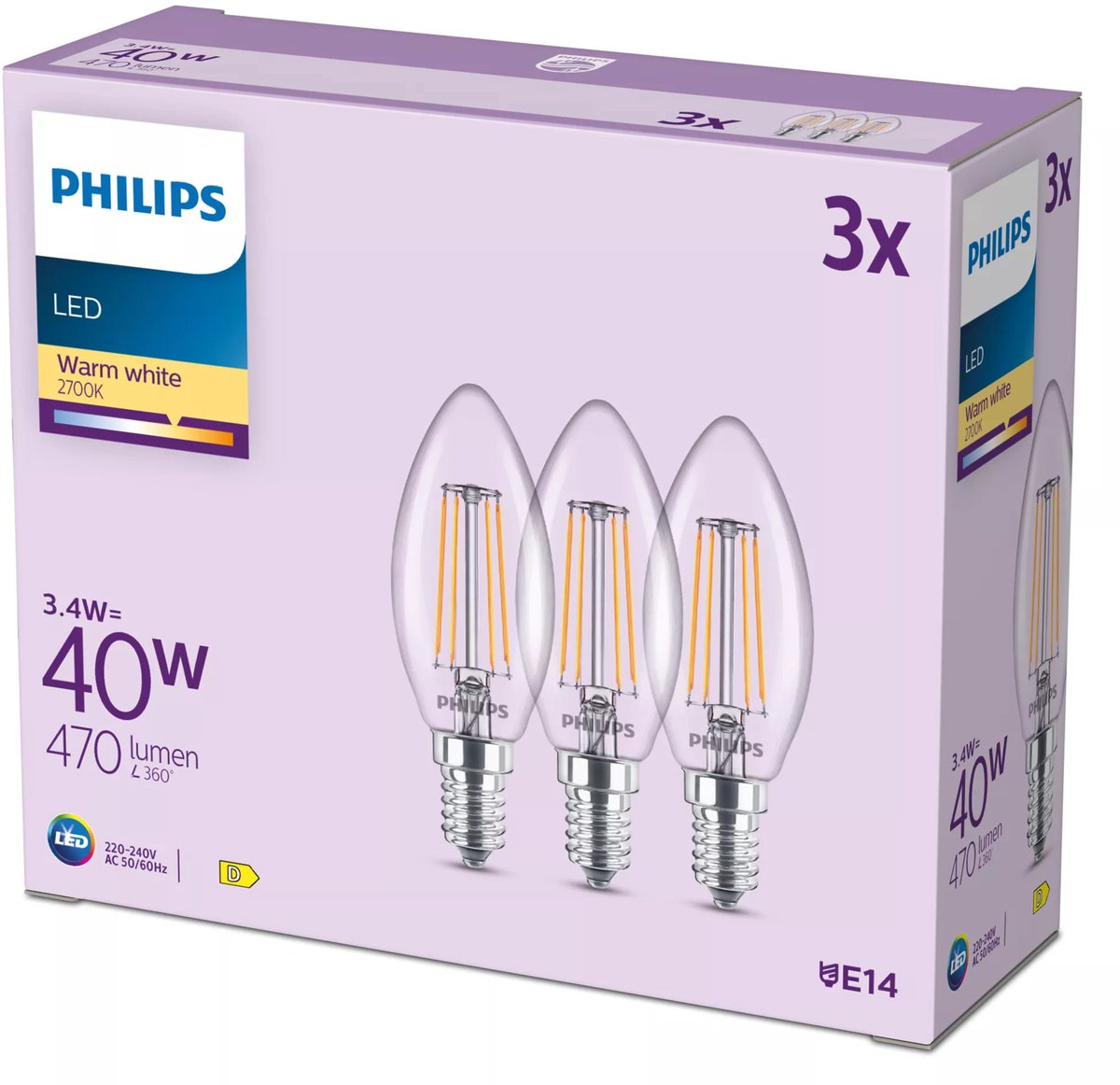 Philips LED pære B35 3,4W/827 (40W) Klar 3-pak E14
