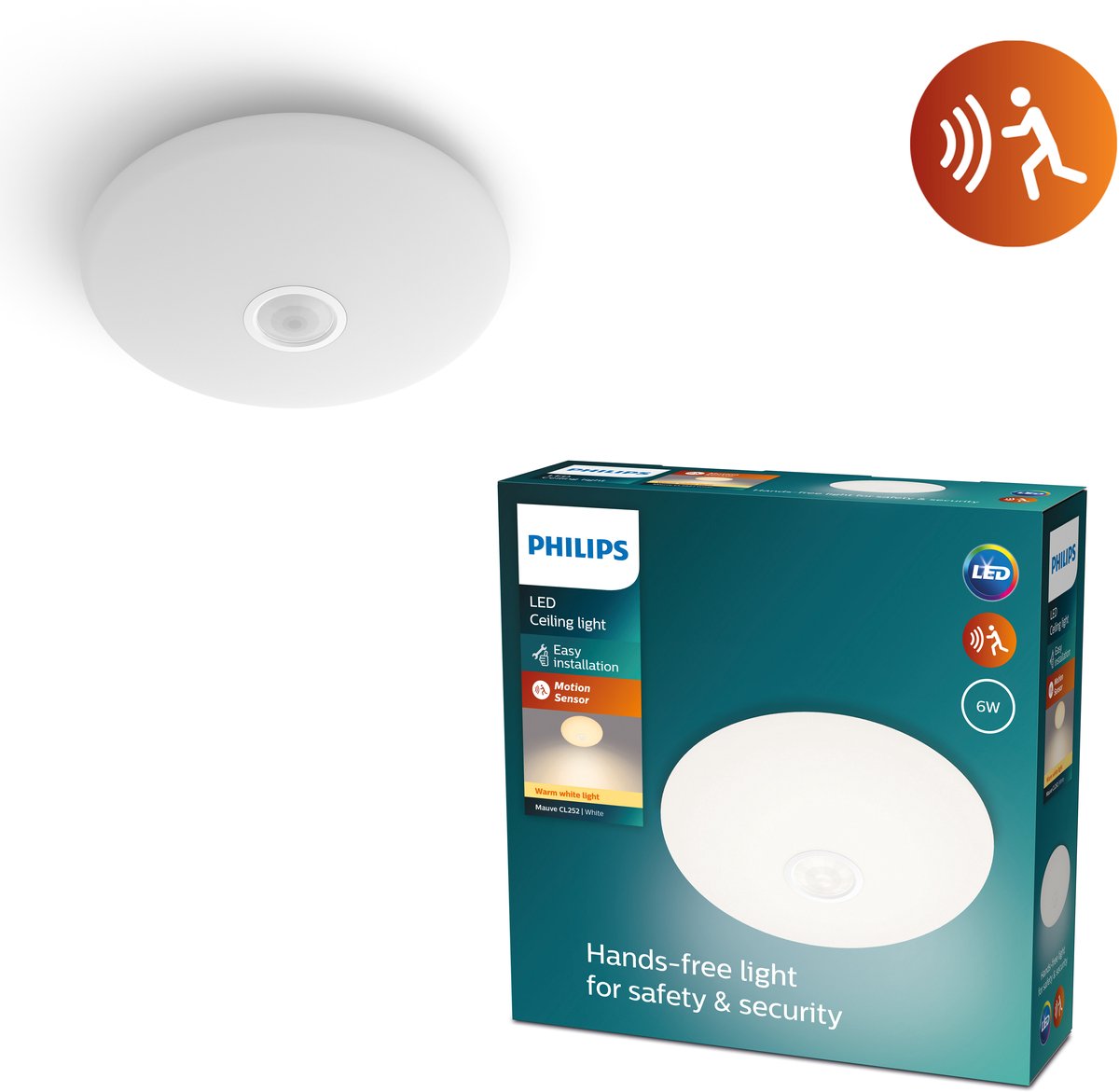 Philips Mauve plafond med sensor Ø250 mm, 6W, 2700K, hvid