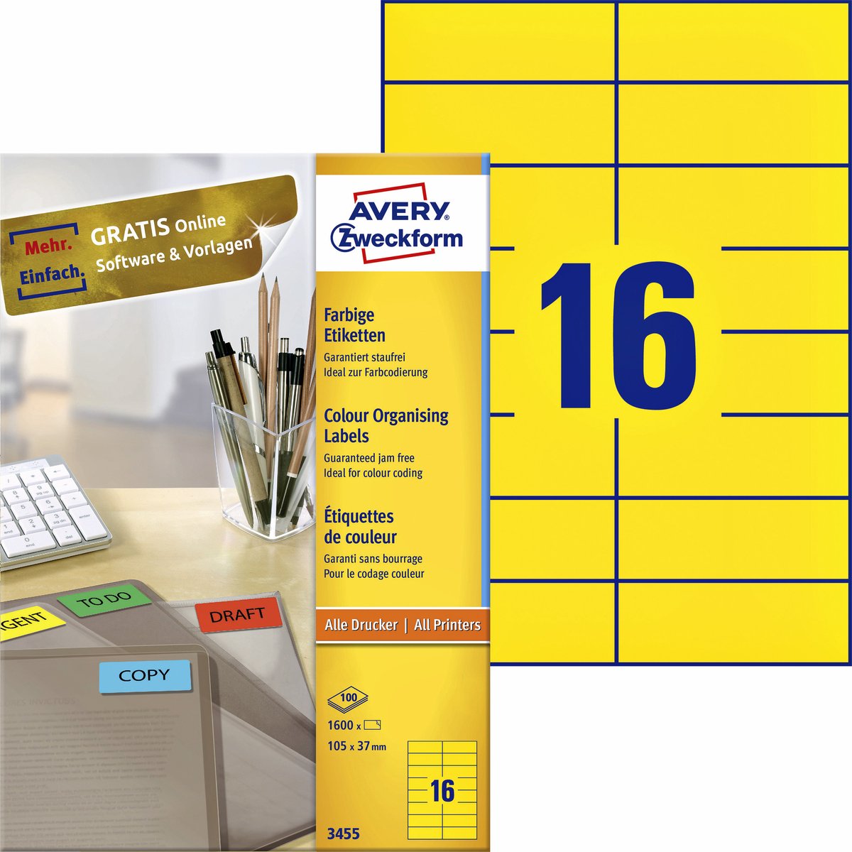 Avery Farvede etiketter, 105 x 37 mm, 1.600 Etiketter, Gul
