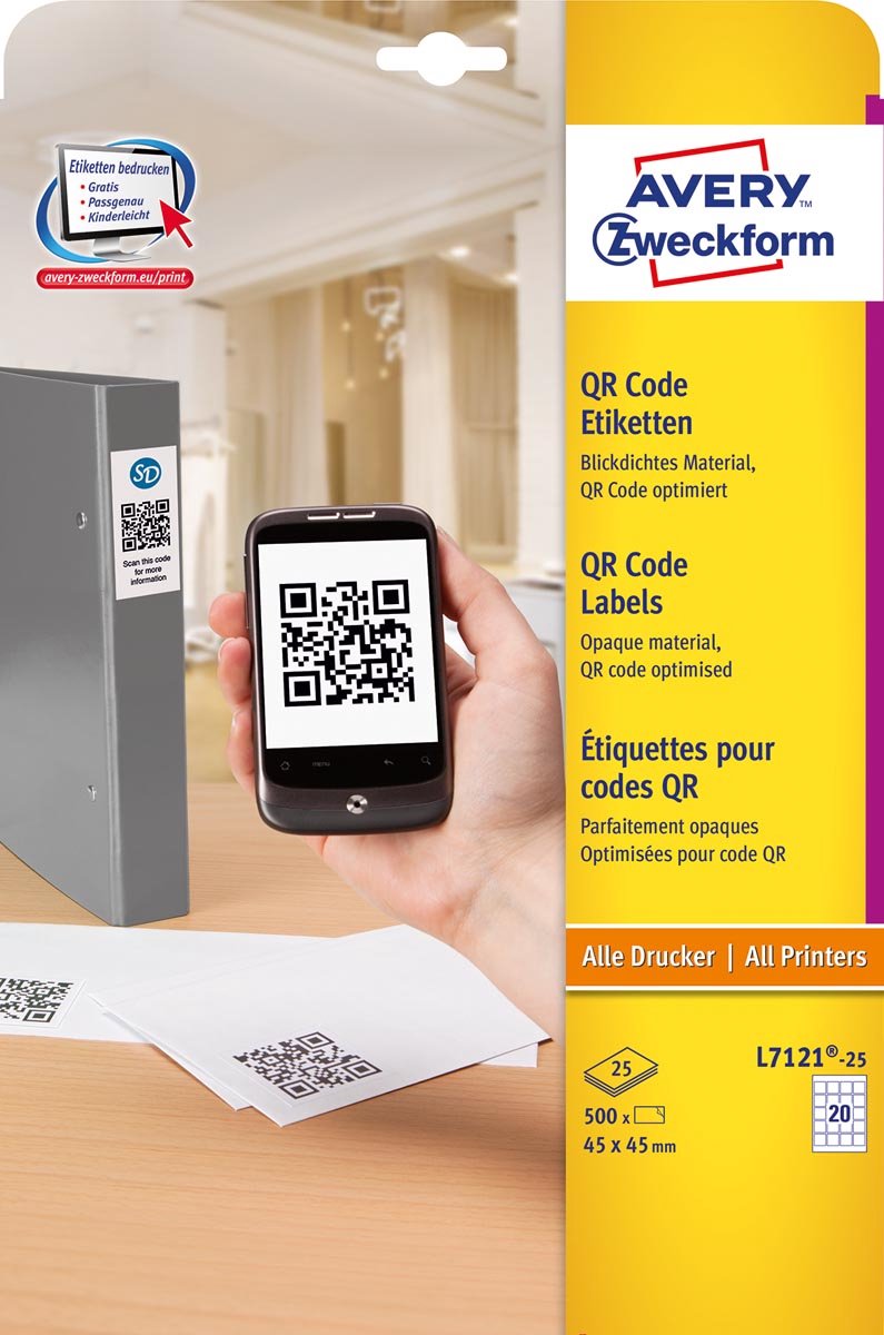 Avery QR-kodeetiketter, 45 x 45 mm, 500 Etiketter, Hvid