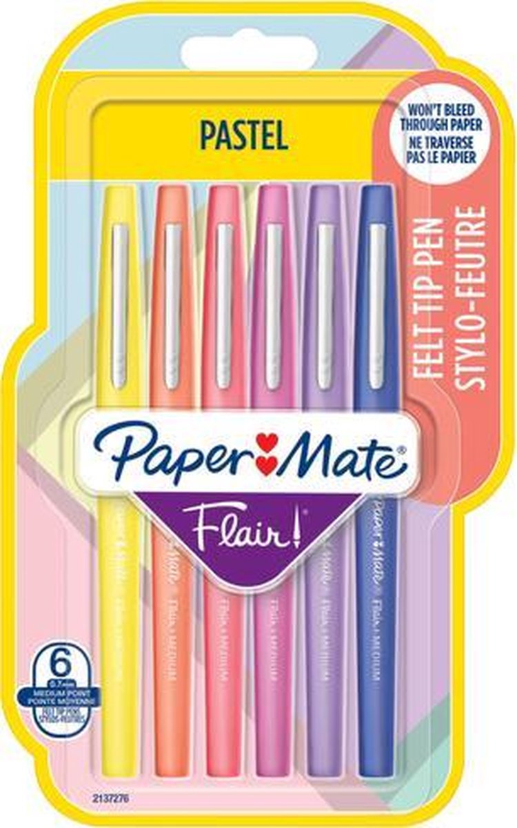 Paper Mate Flair Felt Tip Pens | Medium spids (0,7 mm) | Pastelfarver | 6 styk