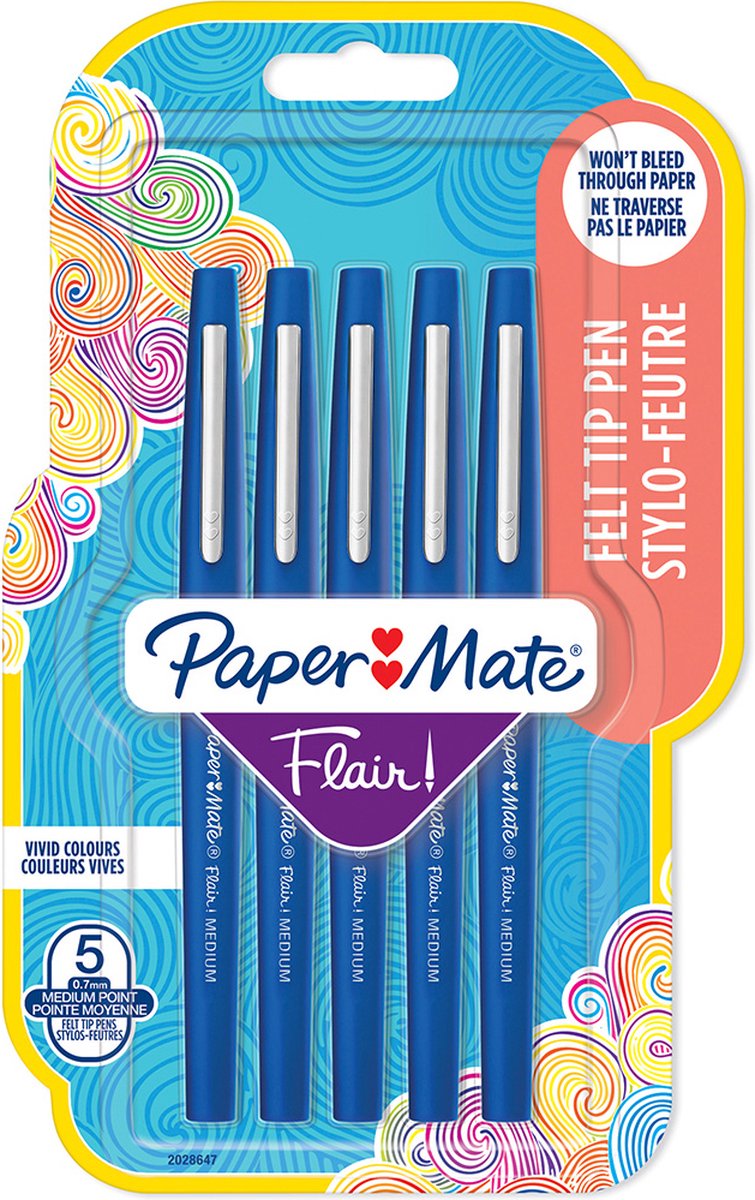 Paper Mate Flair Felt Tip Pens | Medium spids (0,7 mm) | Blå | 5 styk