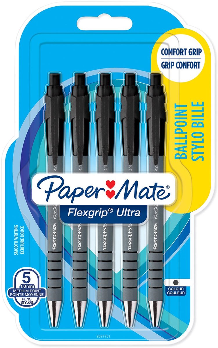 Paper Mate Flexgrip Ultra Retractable Ballpoint Pens | Medium spids (1,0 mm) | Sort | 5 styk