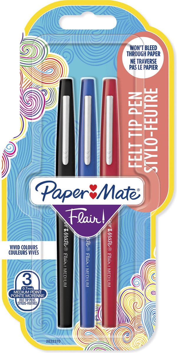Paper Mate Flair Felt Tip Pens | Medium spids (0,7 mm) | Forskellige farver | 3 styk
