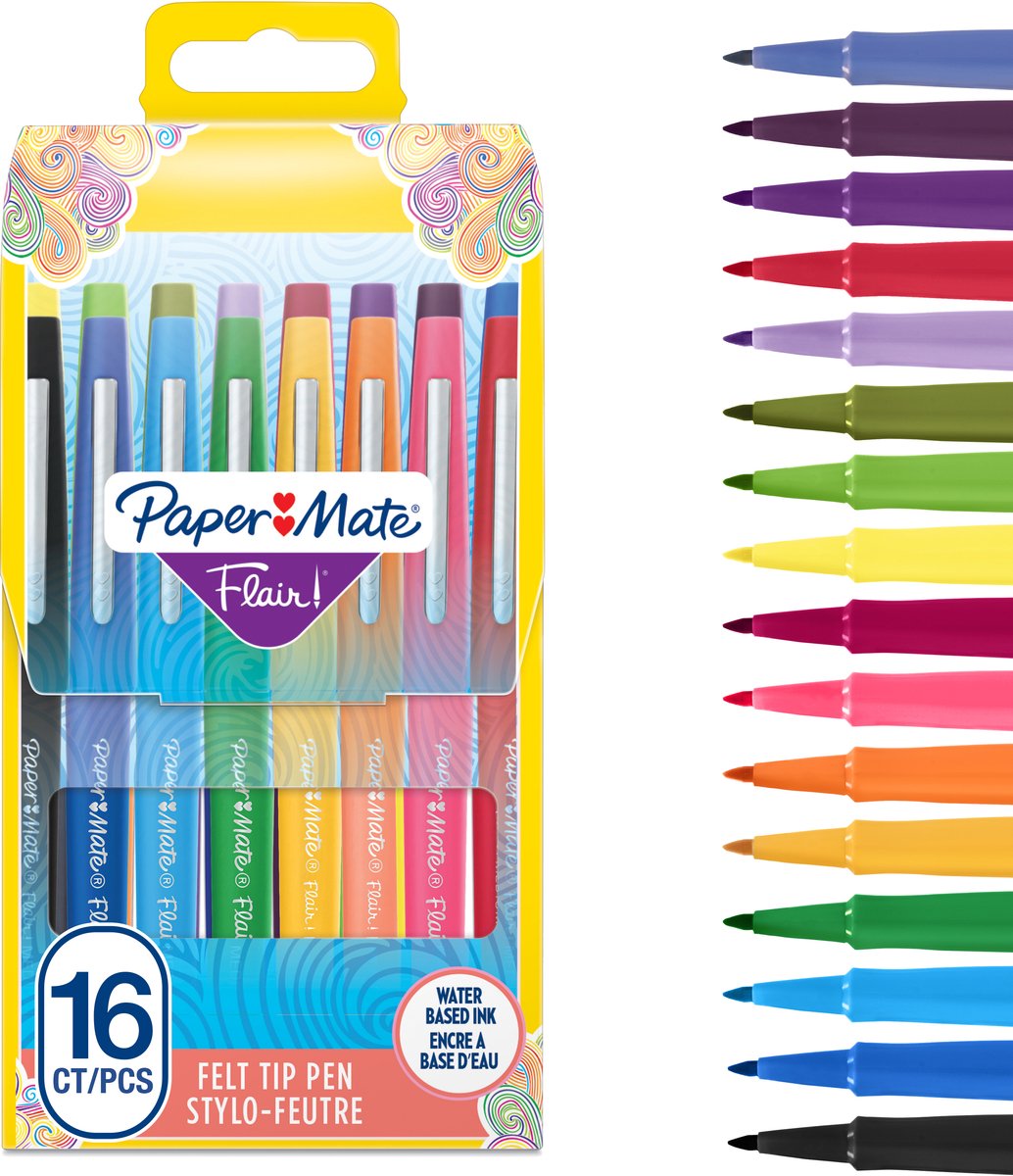 Paper Mate Flair Felt Tip Pens | Medium spids (0,7 mm) | Forskellige farver | Pose med 16 styk