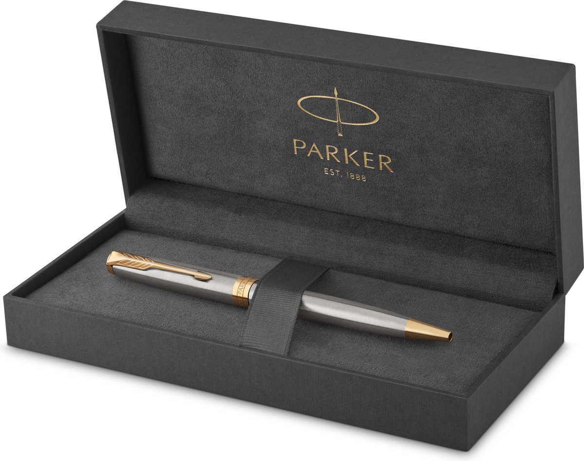 Parker Sonnet-kuglepen | rustfrit stål med detaljer i guld | medium spids sort blæk | gaveæske