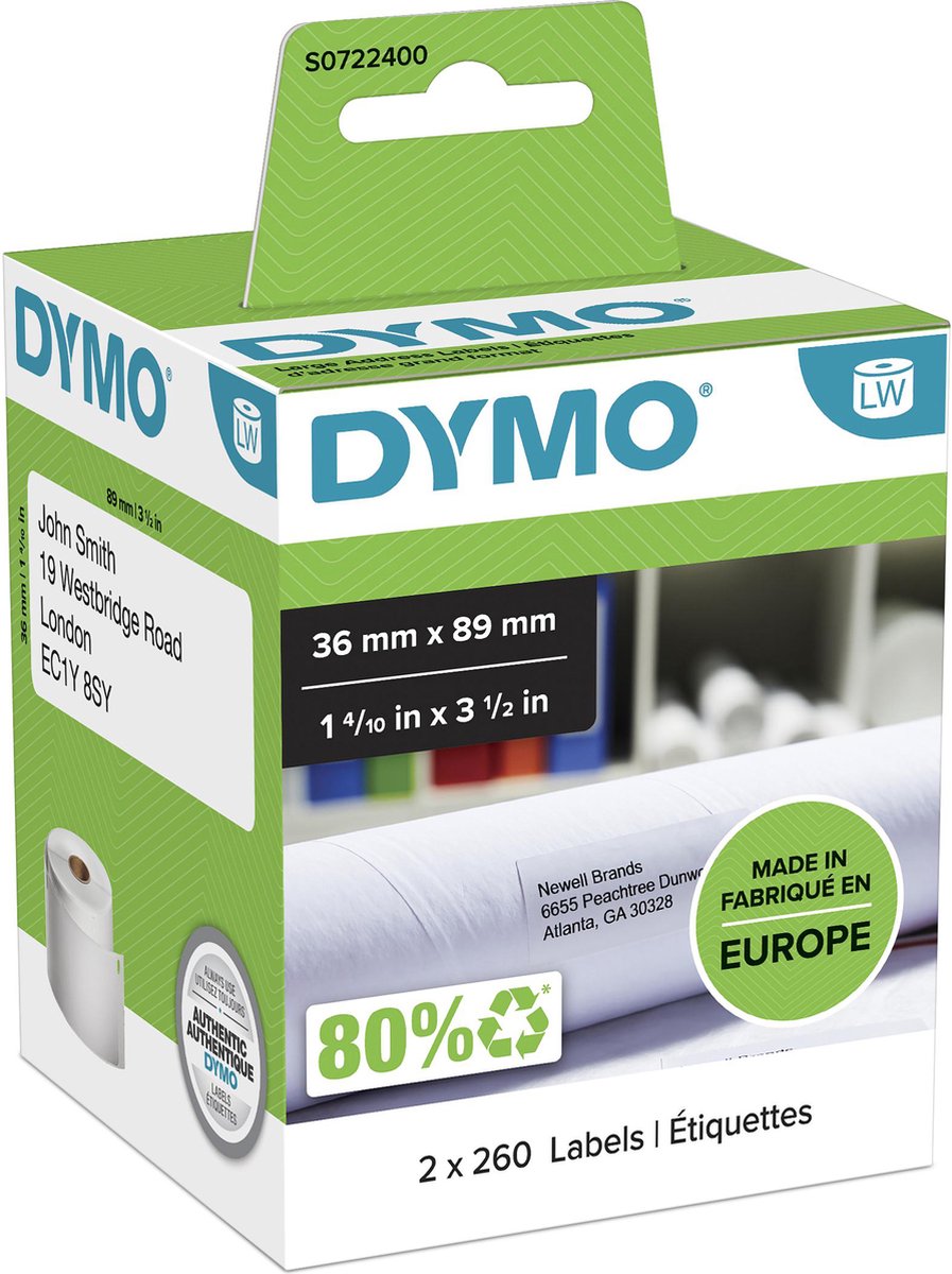 DYMO LabelWriter store adresseetiketter | 36mm x 89mm | 2 ruller x 260 stk