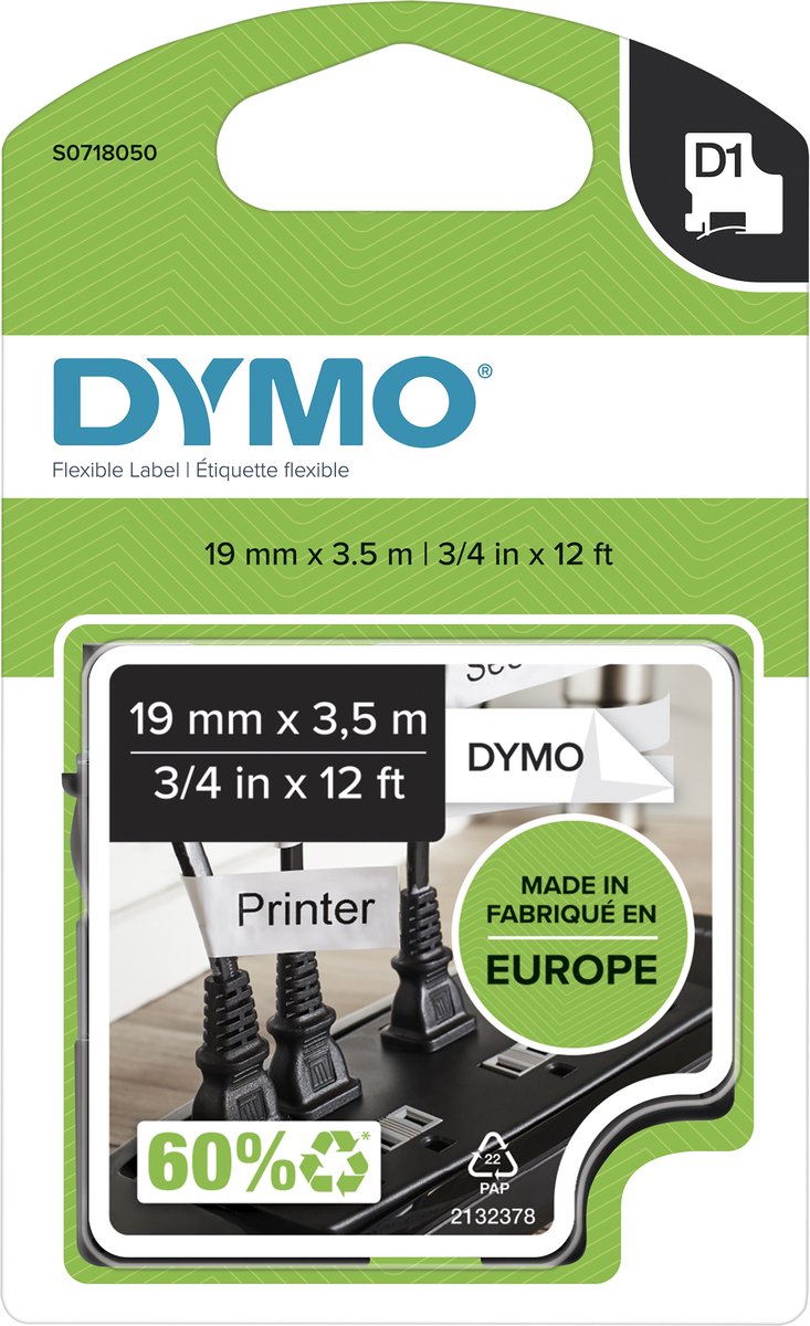 DYMO D1 tape fleksibel nylon | sort/hvid | 19mm x 3,5m