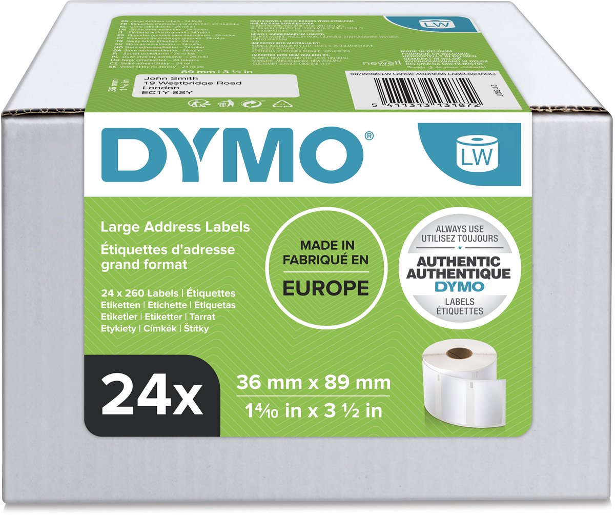 DYMO LabelWriter store adresseetiketter | 36mm x 89mm | 24 ruller x 130 stk