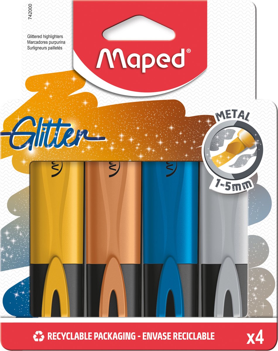 Maped Fluopeps, Glitter metal Highlighters, sæt med 4 ass. Farver