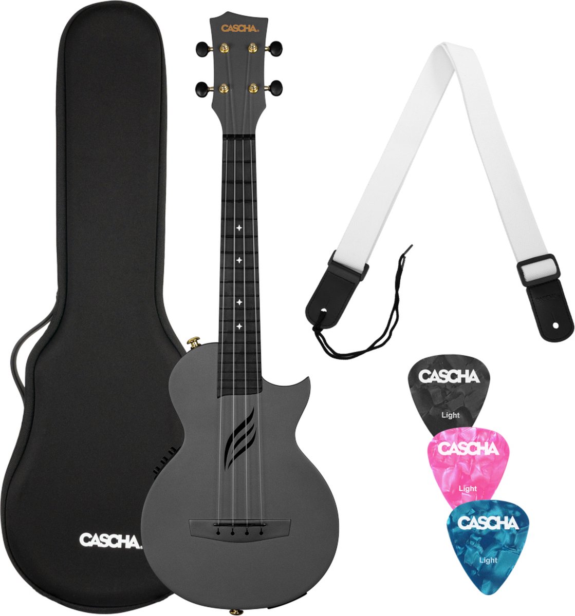 Cascha HH 2258E Black Electro-Acoustic Carbon Fibre Concert Ukulele Pack