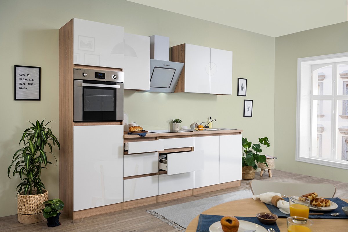 Composición de cocina Lorena (Ancho: 270 cm, Blanco, Brillo intenso, Decoración encimera: Efecto madera, Con electrodomésticos)