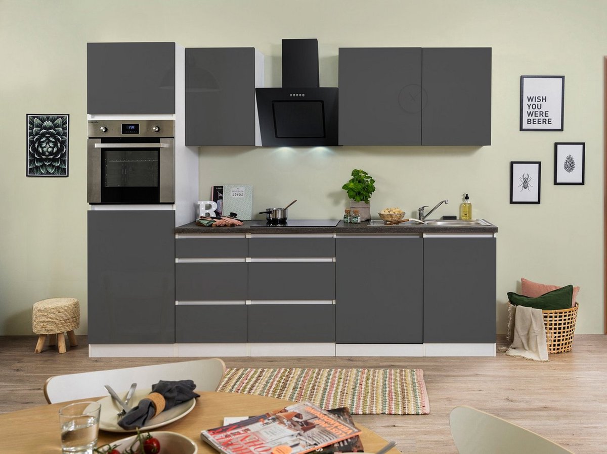 Composición de cocina Lorena (Ancho: 280 cm, Gris, Brillo intenso, Decoración encimera: Efecto piedra, Con electrodomésticos)