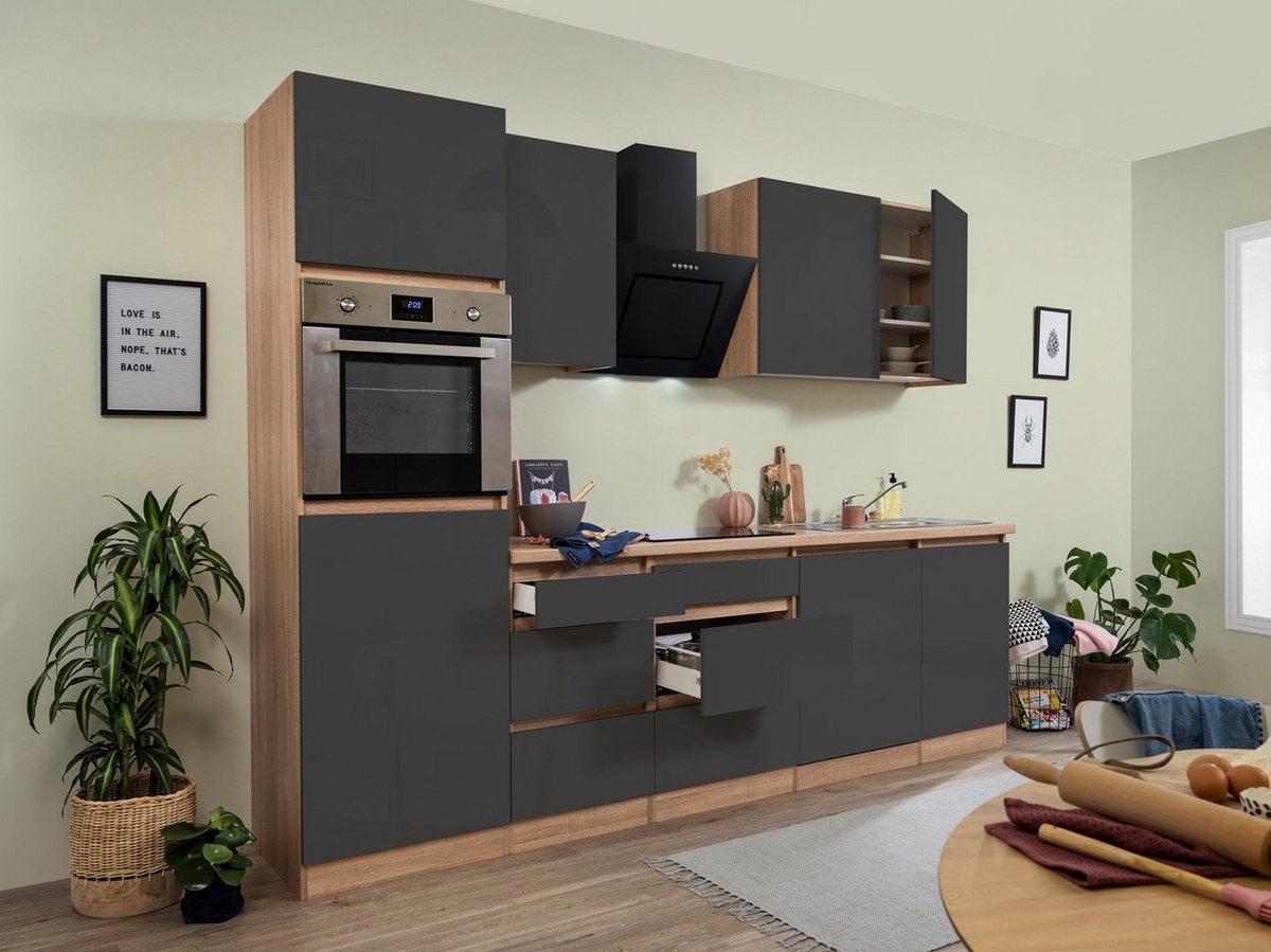 Composición de cocina Lorena (Ancho: 280 cm, Gris, Brillo intenso, Decoración encimera: Efecto madera, Con electrodomésticos)