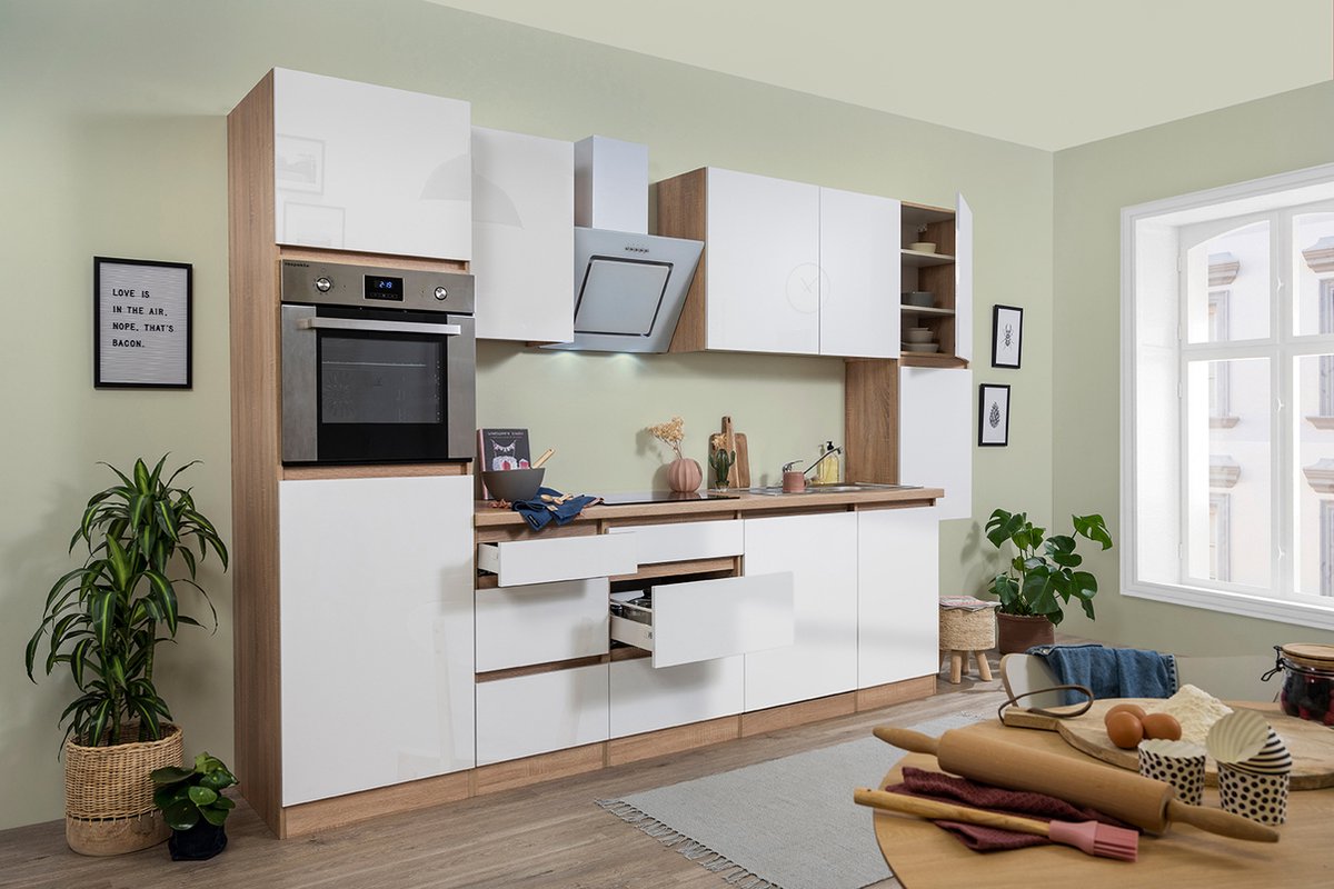 Composición de cocina Lorena (Ancho: 330 cm, Blanco, Brillo intenso, Decoración encimera: Efecto madera, Con electrodomésticos)