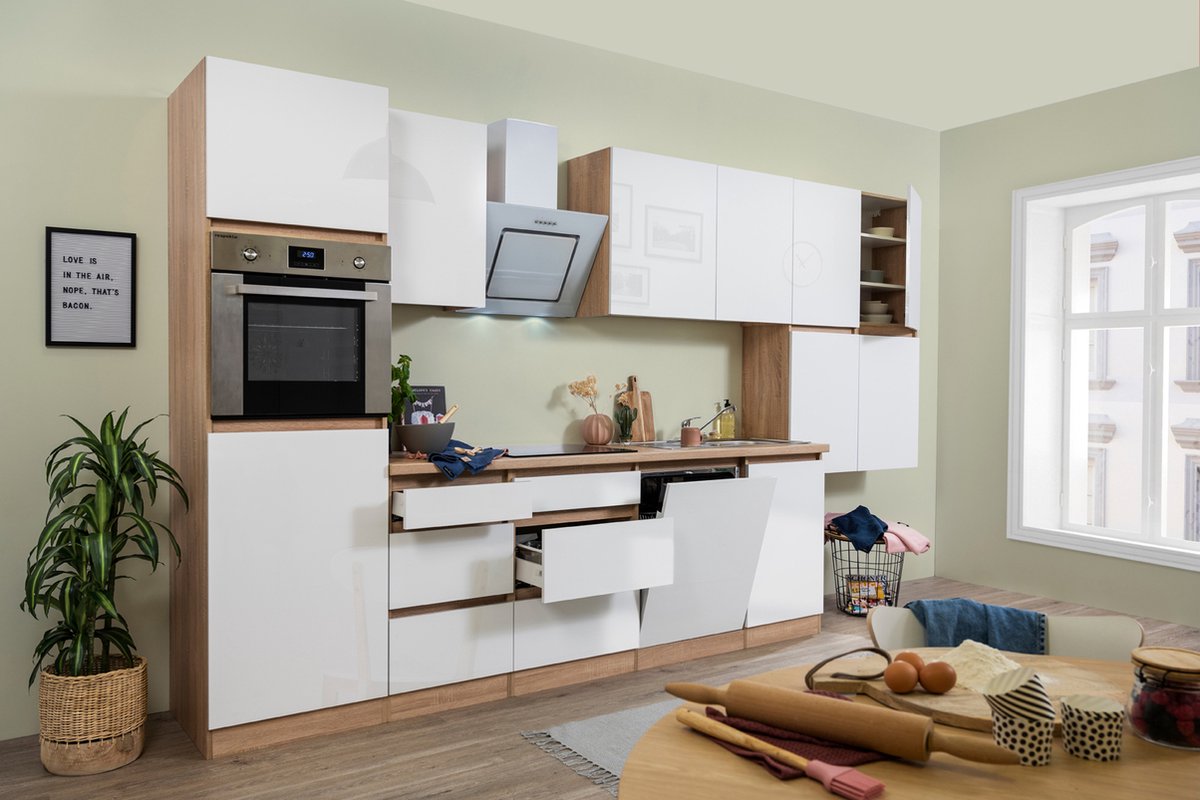 Composición de cocina Lorena (Ancho: 380 cm, Blanco, Brillo intenso, Decoración encimera: Efecto madera, Con electrodomésticos)