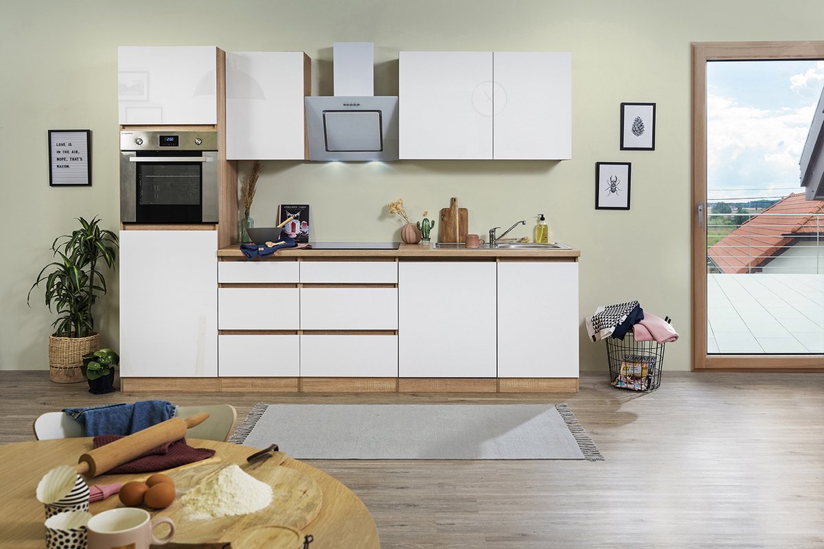 Composición de cocina Lorena (Ancho: 280 cm, Blanco, Brillo intenso, Decoración encimera: Efecto madera, Con electrodomésticos)