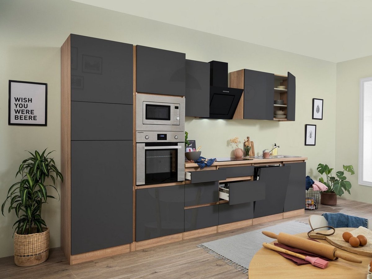 Composición de cocina Lorena (Ancho: 345 cm, Gris, Brillo intenso, Decoración encimera: Efecto madera, Con electrodomésticos)