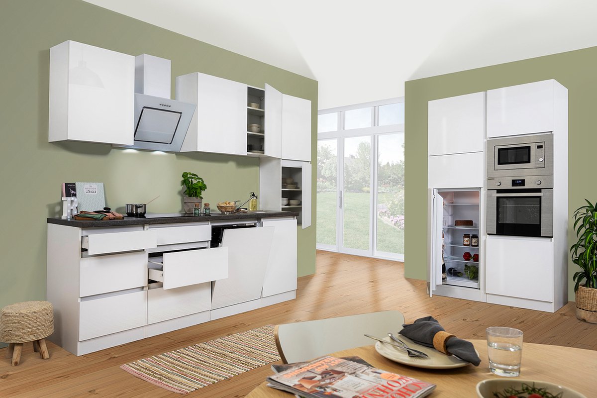 Composición de cocina Lorena (Ancho: 395 cm, Blanco, Brillo intenso, Decoración encimera: Efecto piedra, Con electrodomésticos)