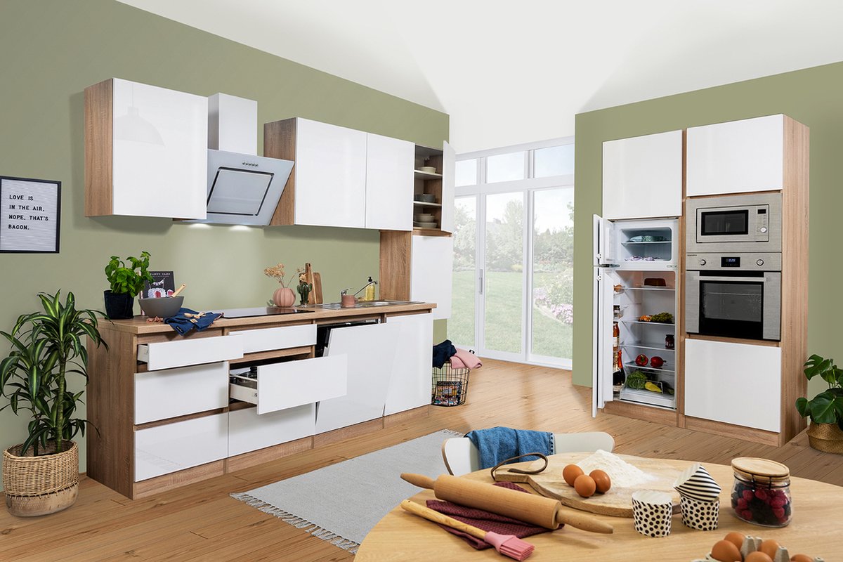 Composición de cocina Lorena (Ancho: 395 cm, Blanco, Brillo intenso, Decoración encimera: Efecto madera, Con electrodomésticos)
