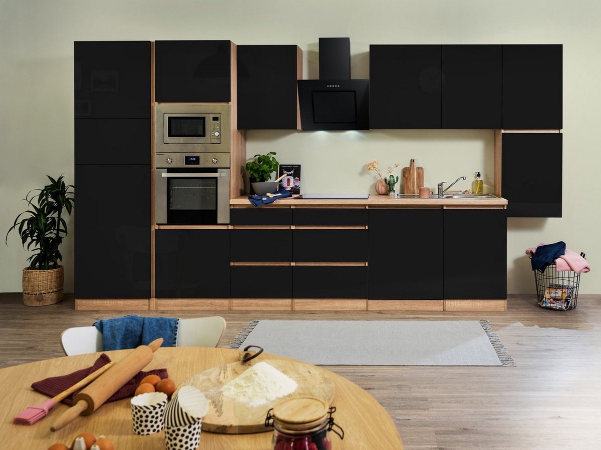 Composición de cocina Lorena (Ancho: 395 cm, Negro, Brillo intenso, Decoración encimera: Efecto madera, Con electrodomésticos)