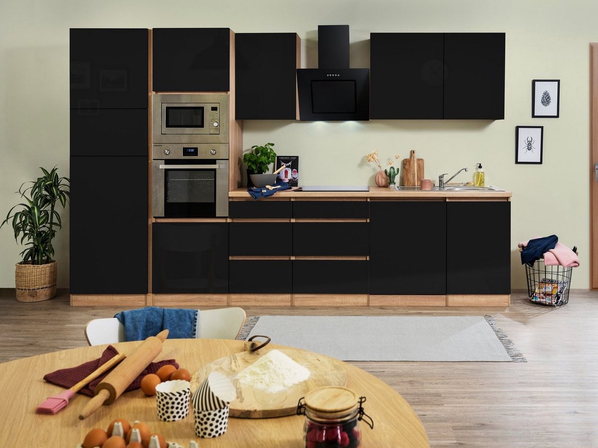 Composición de cocina Lorena (Ancho: 345 cm, Negro, Brillo intenso, Decoración encimera: Efecto madera, Con electrodomésticos)