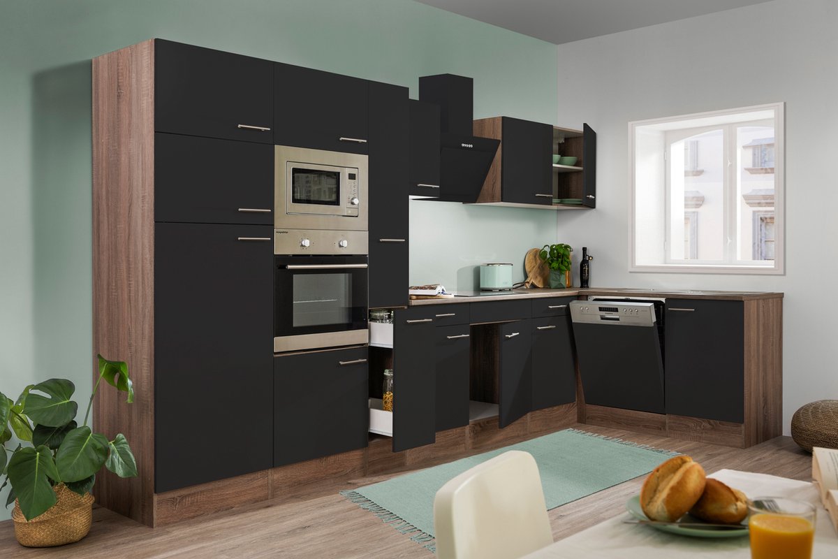 Oliver Cocina esquinera Oliver (An x Pr: 370 x 172 cm, Negro, Con electrodomésticos)