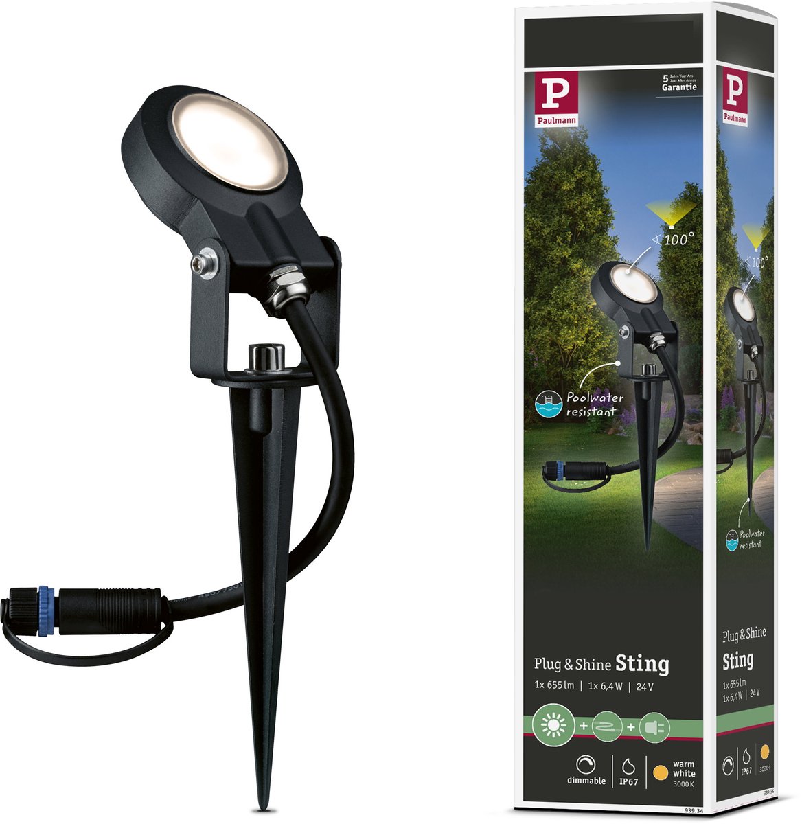 Plug & Shine Foco LED de jardín Sting (6 W, 24 V, Estaca, Altura: 29 cm)