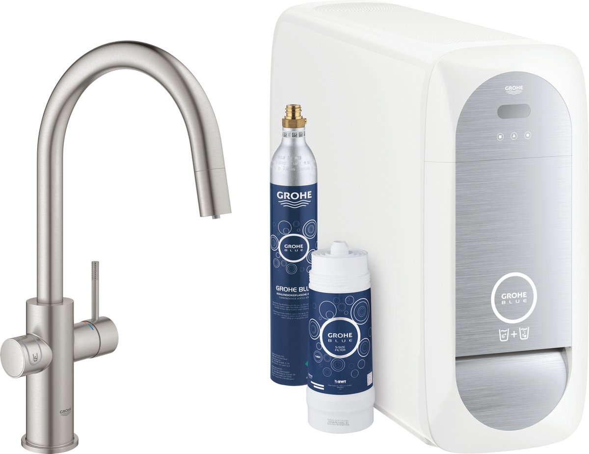 Grifo de cocina Blue Home (Altura: 41,9 cm, Caño en C, Súper acero, Mate, Giratorio)