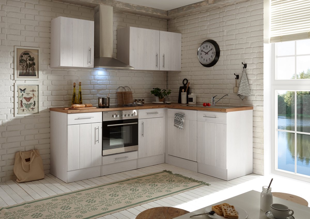 Cocina esquinera Anton (An x Pr: 220 x 172 cm, Blanco, Con electrodomésticos)