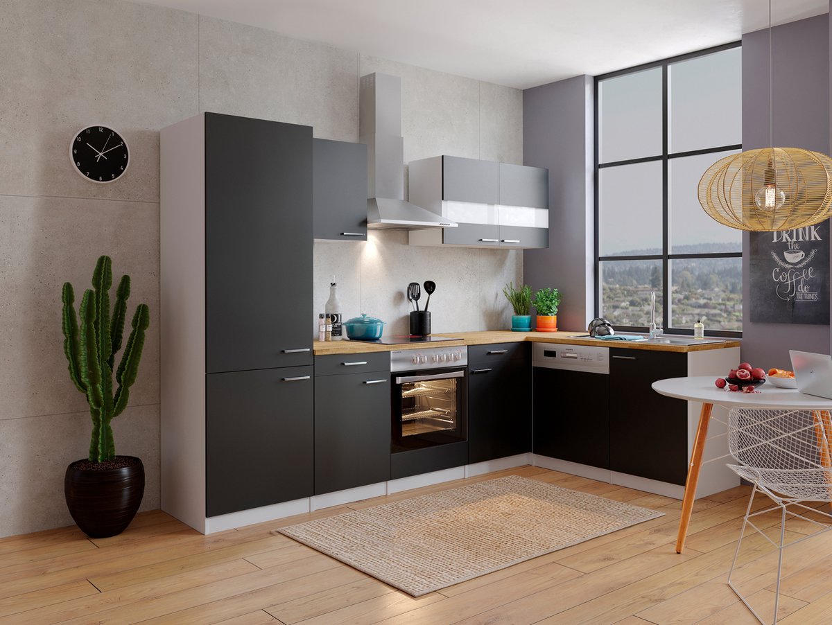 Cocina esquinera Malia (An x Pr: 280 x 172 cm, Negro, Con electrodomésticos)