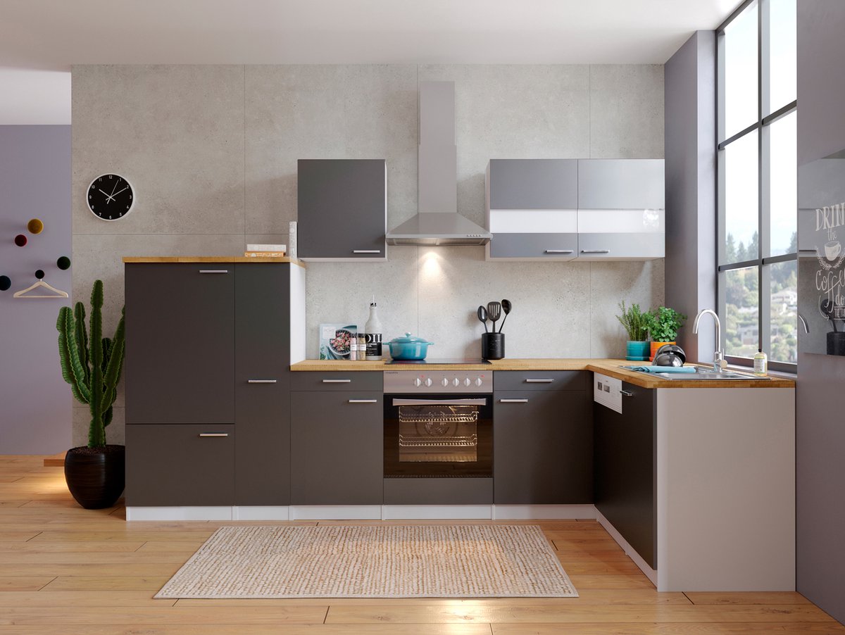 Cocina esquinera Malia bajo (An x Pr: 310 x 172 cm, Gris, Con electrodomésticos)