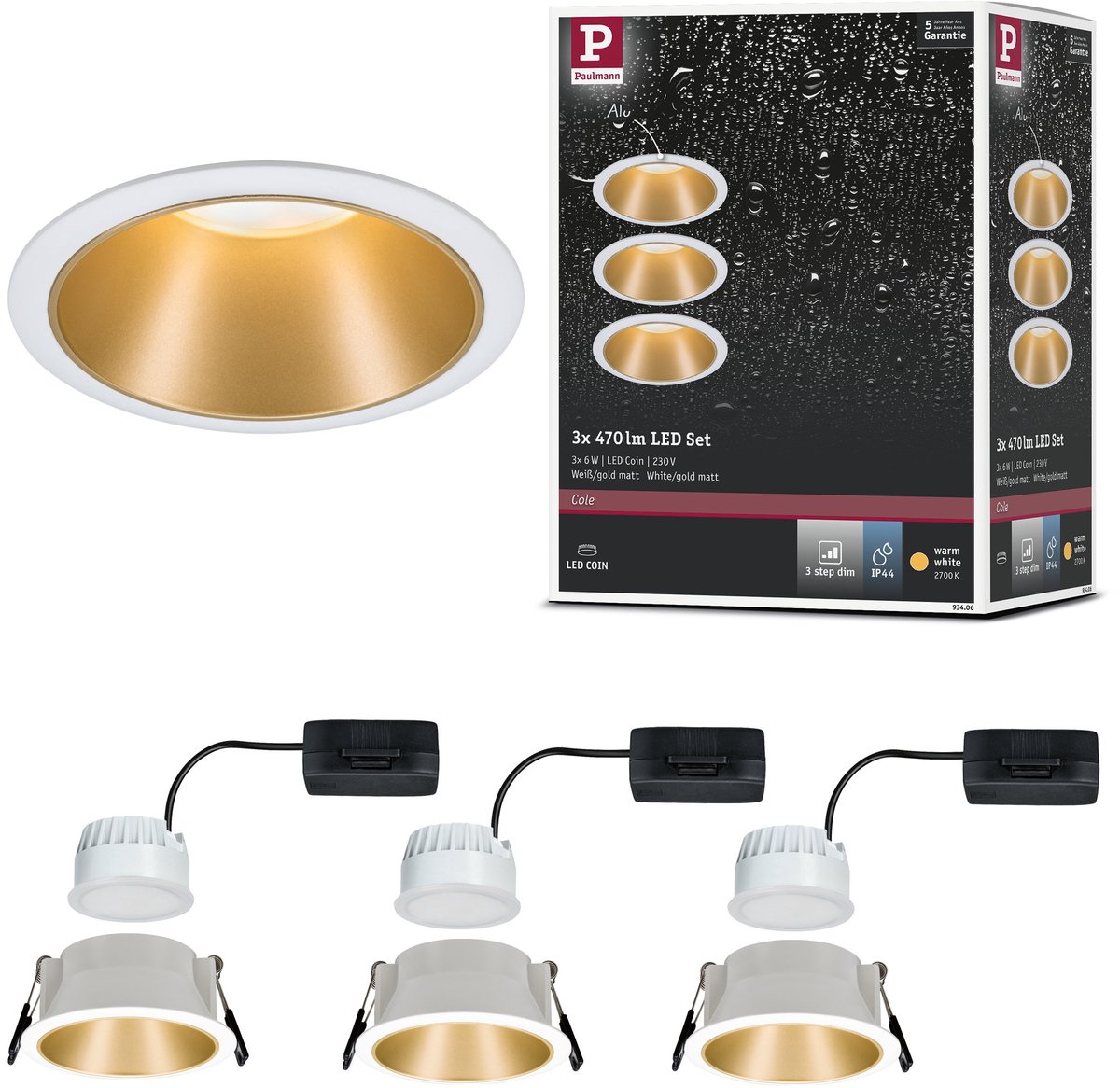 Downlight LED empotrable Cole (19,5 W, Blanco/Dorado, Blanco cálido, 3 ud.)