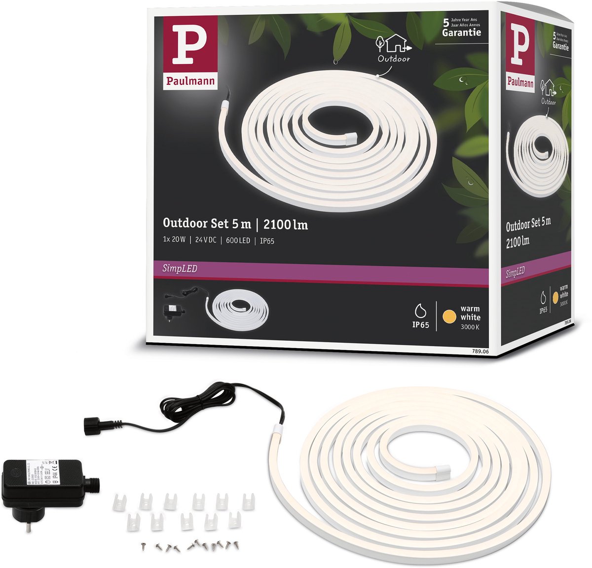 Tira LED exterior (Largo: 5 m, Color de luz: Blanco cálido, 20 W, 2.100 lm)