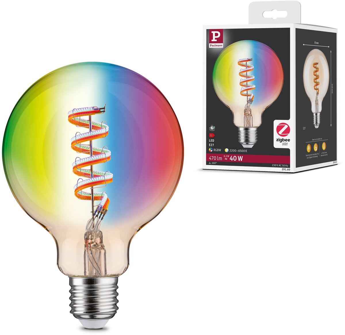 Bombilla LED inteligente Zigbee (E27, Intensidad regulable, RGBW, 470 lm, 6,3 W, G95, Globo)
