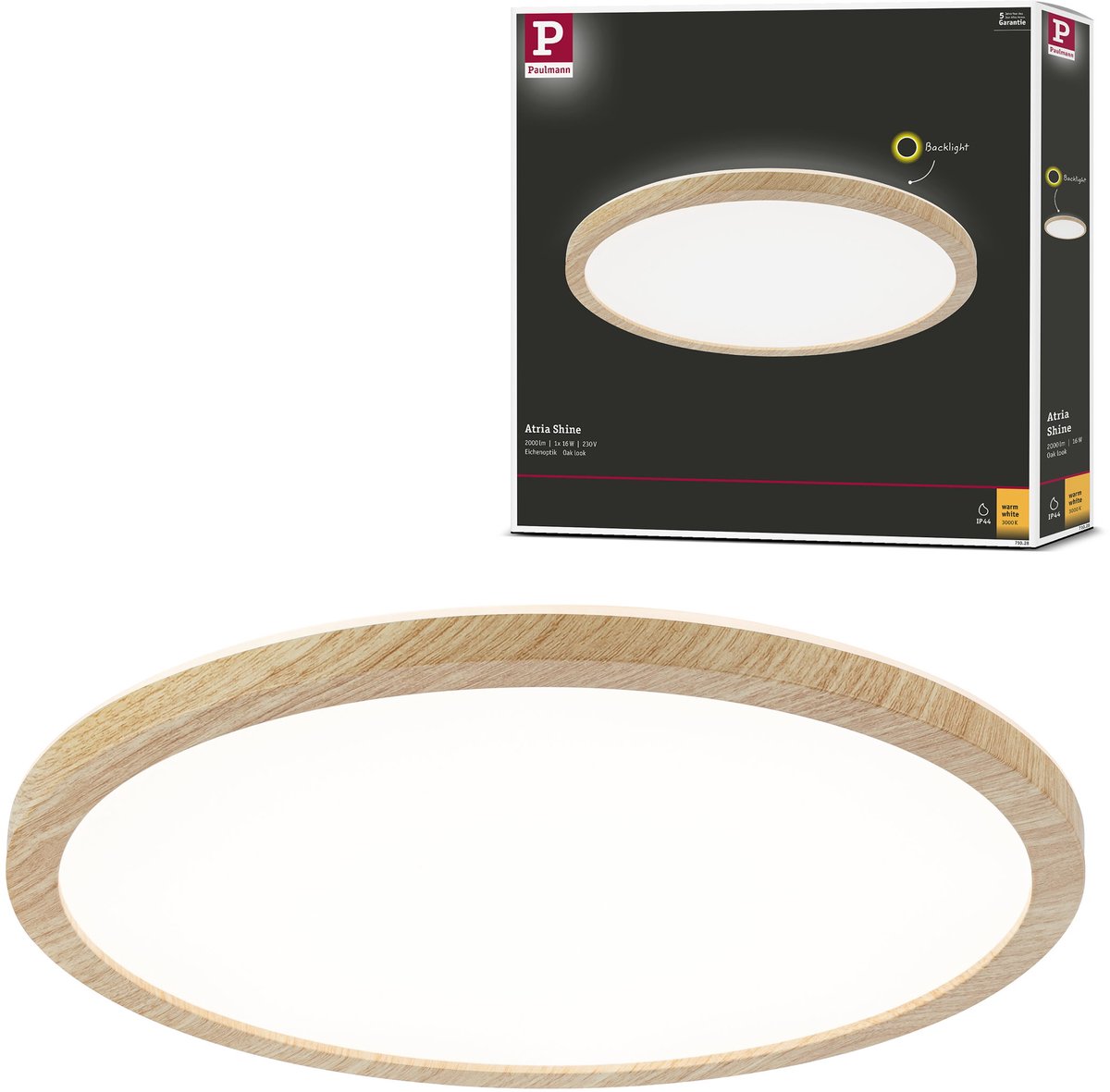 Panel LED redondo Atria Shine (Blanco cálido, 19 W, Madera, Diámetro: 29,3 cm)