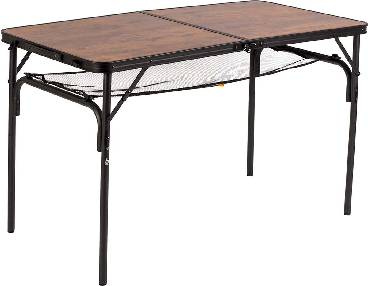 Mesa de camping Industrial (L x An x Al: 120 x 60 x 70 cm, Aluminio/MDF, Marrón/Negro)