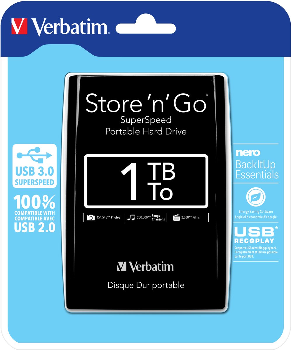 Verbatim Store 'n' Go Portable 1TB Schwarz Externe Festplatte, USB 3.2 Gen 1x1