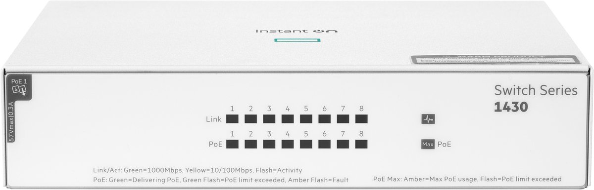 HPE Networking Instant On 1430 Unmanaged Switch (R8R46A) [8x Gigabit Ethernet PoE, 64W]