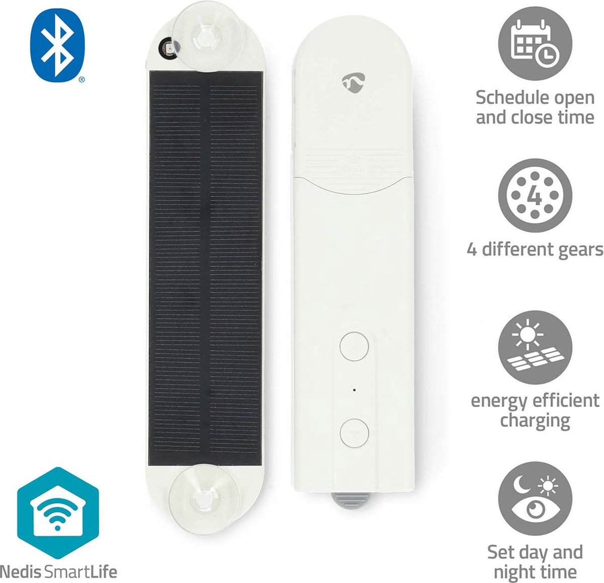 Nedis Rollo Roboter Kabelanlage | Flächenvorhänge / Raffrollos / Rollos | Solar Powered / Stromversorgung über USB | 2000 mA | Bluetooth® | Weiss